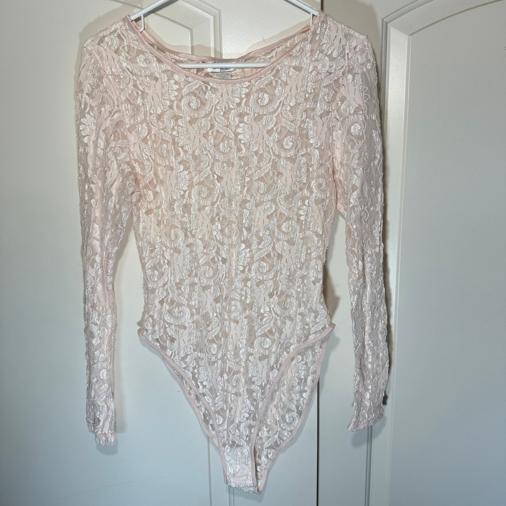 Cinema Etoile Blush Pink Sheer Lace Bodysuit M Balletcore Coquette Long Sleeve